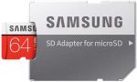 כרטיס זיכרון מיקרו SDXC איכותי מבית Samsung בנפח של 64GB, במהירות של עד 100MB/sec קלאס 10 ועם מתאם ל-SD