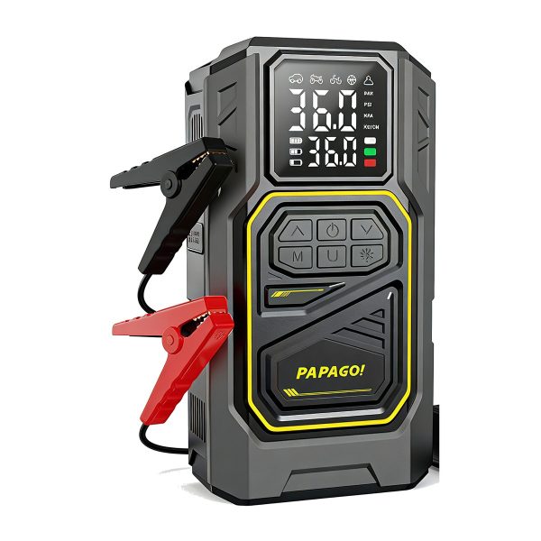 בוסטר התנעה עם קומפרסור PAPAGO SP60 – מבט מלפנים עם צבתות התנעה