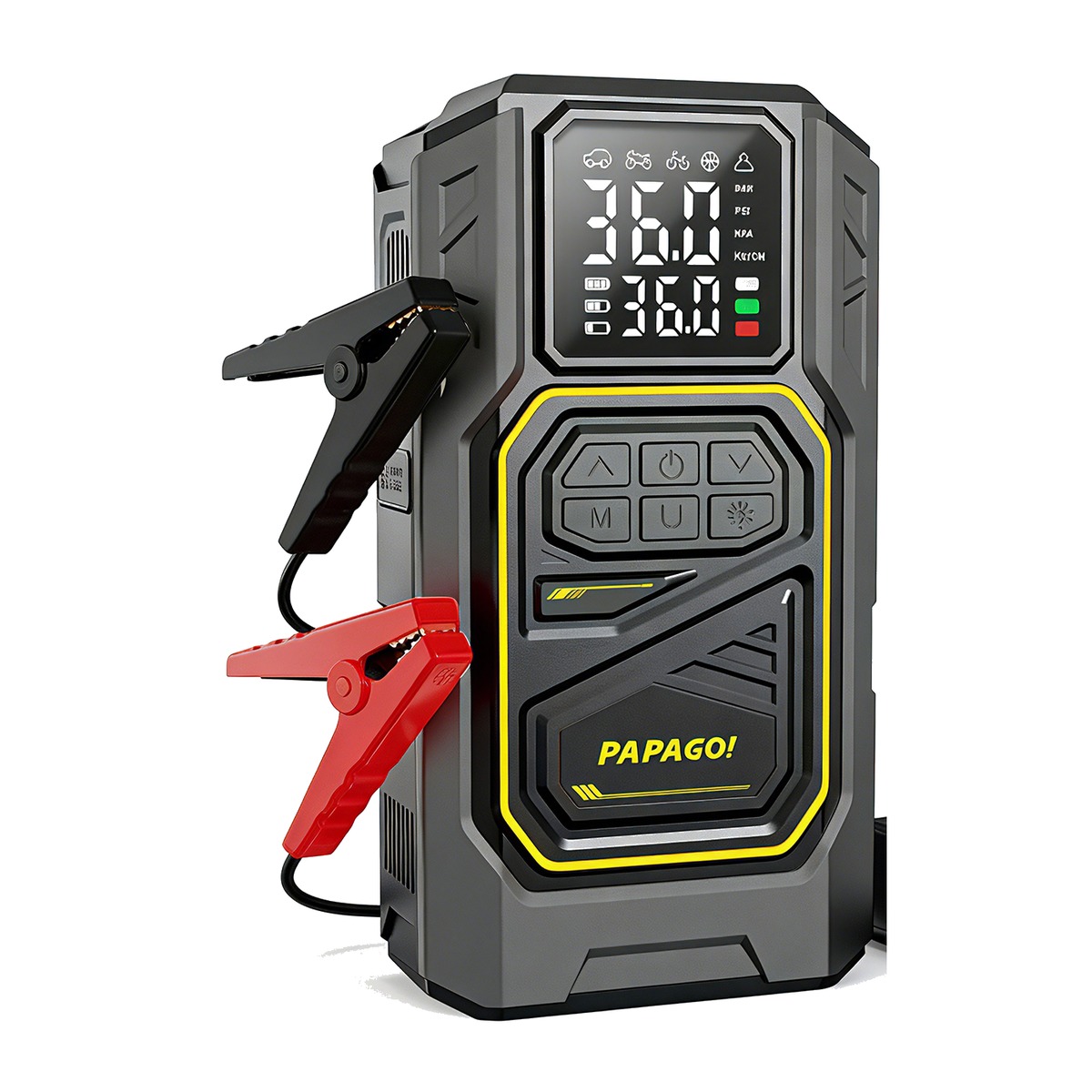 בוסטר התנעה עם קומפרסור PAPAGO SP60 בוסטר התנעה עם קומפרסור PAPAGO SP60 – מבט מלפנים עם צבתות התנעה